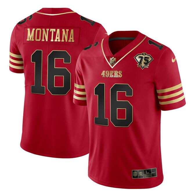 Men's San Francisco 49ers #16 Joe Montana Red Gold With 75th Anniversary Patch Stitched Jersey